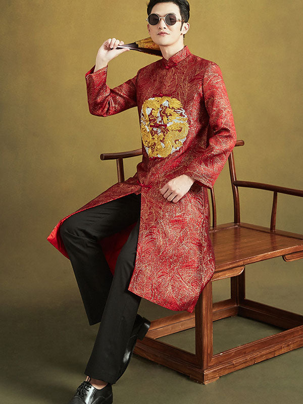 Red Embroidered Dragon Chinese Men's Wedding Jacket