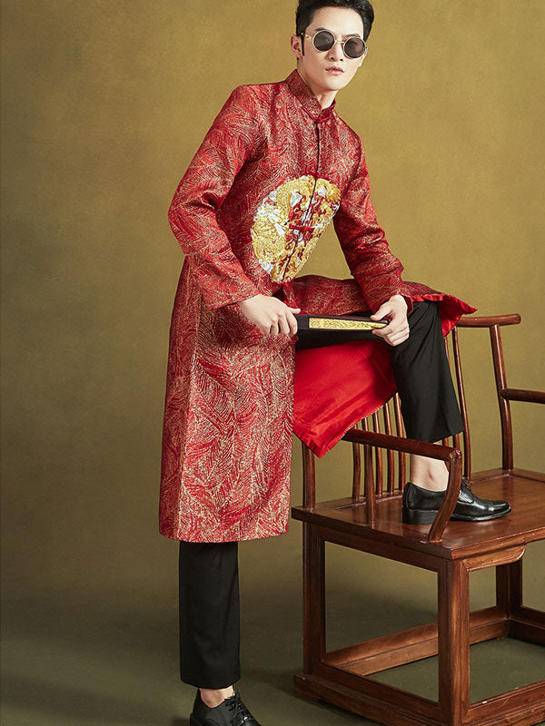 Red Embroidered Dragon Chinese Men's Wedding Jacket