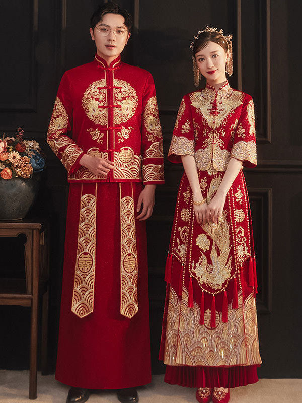 Vintage Embroidered Wedding Bridal Qun Kwa with Pleated Skirt