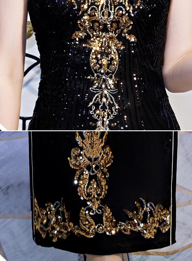 Black Red Sequin Maxi Qipao / Cheongsam Evening Dress