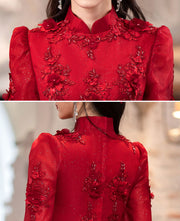 Red Appliques A-Line Tulle Cheongsam Qi Pao Dress