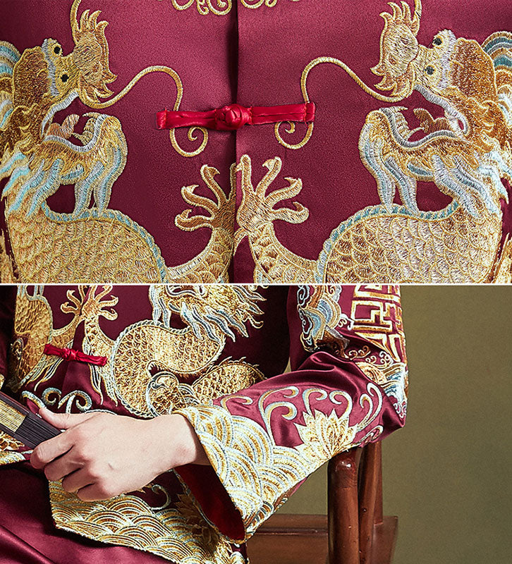 Burgundy Embroidered Men's Dragon Wedding Qun Gua