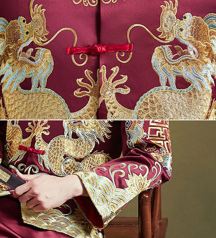 Burgundy Embroidered Men's Dragon Wedding Qun Gua