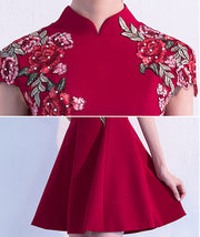 Wine Red A-Line Beaded Embroidered Qipao / Cheongsam Party Dress