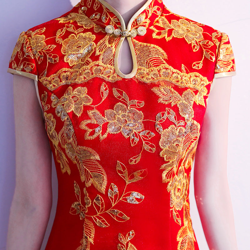 Red Blue Sequin Floral Fishtail Qipao / Cheongsam Wedding Dress
