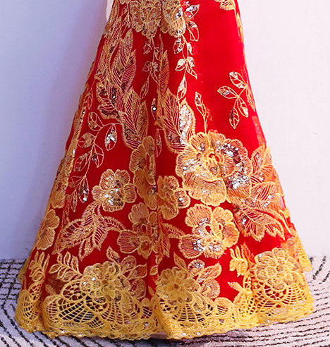 Red Blue Sequin Floral Fishtail Qipao Cheongsam Wedding Dress