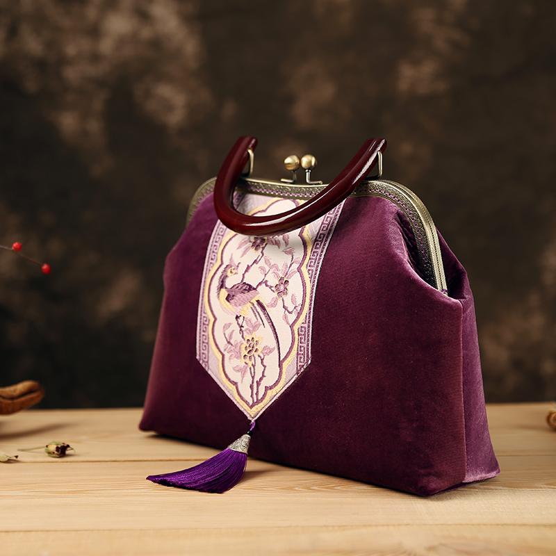 Handmade Purple Embroidered Wood Handle Bag