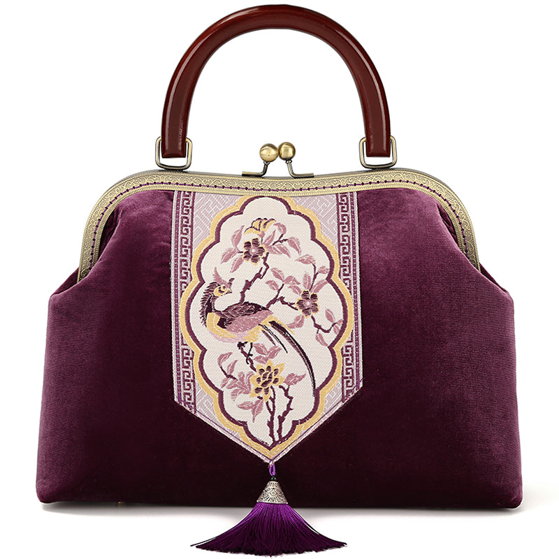 Handmade Purple Embroidered Wood Handle Bag