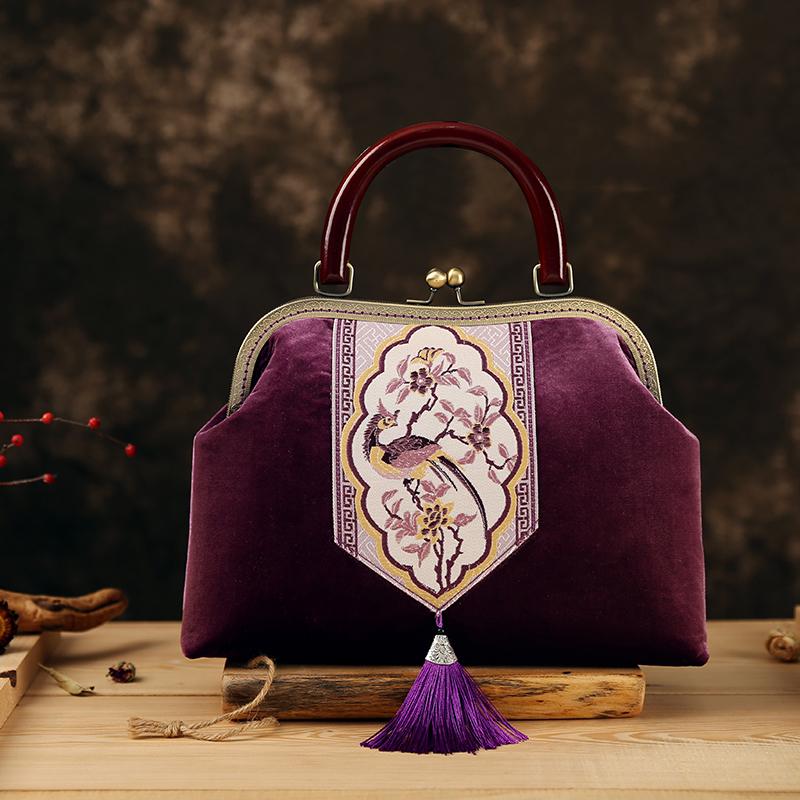 Handmade Purple Embroidered Wood Handle Bag