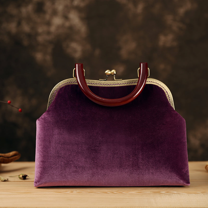 Handmade Purple Embroidered Wood Handle Bag