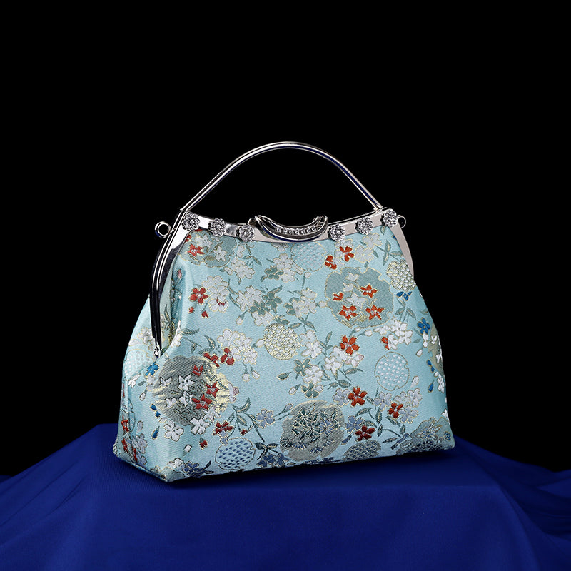 Blue Woven Floral Chain Shoulder Cross Body Handbag