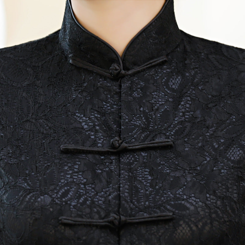Black White Lace Cheongsam Blouse Top