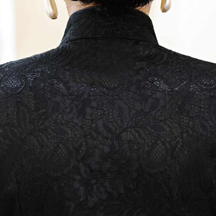 Black White Lace Cheongsam Blouse Top