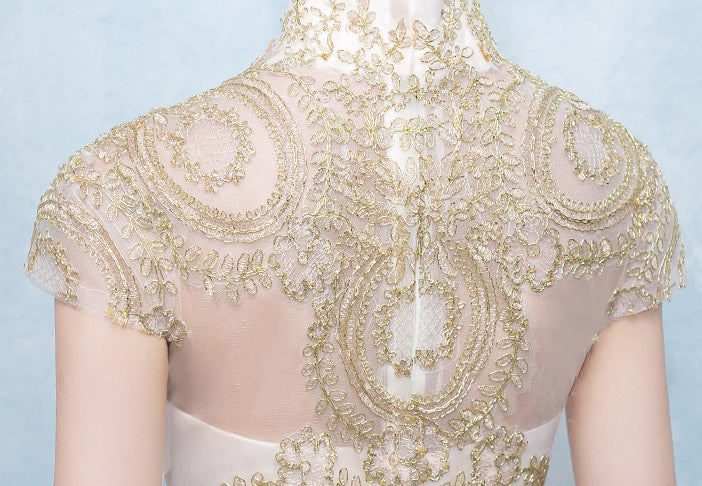 Gold High Low Hem Bridesmaid Qipao Cheongsam Party Dress