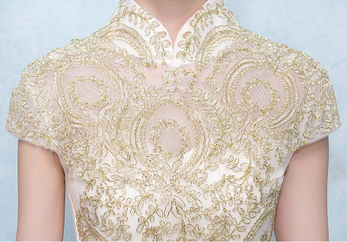 Gold High Low Hem Bridesmaid Qipao Cheongsam Party Dress