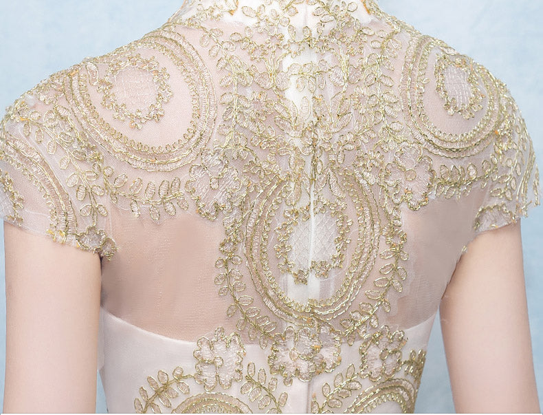 Gold Floor Length Tulle Qipao / Cheongsam Evening Dress
