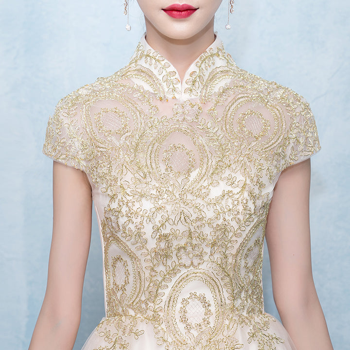 Gold Floor Length Tulle Qipao / Cheongsam Evening Dress