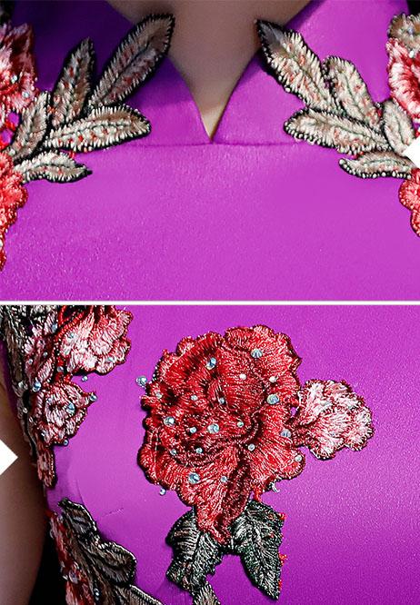 Purple Blue Embroidered Fishtail Qipao / Cheongsam Evening Dress