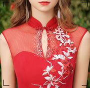 Red Embroidered Thigh Split Qipao / Cheongsam Wedding Dress