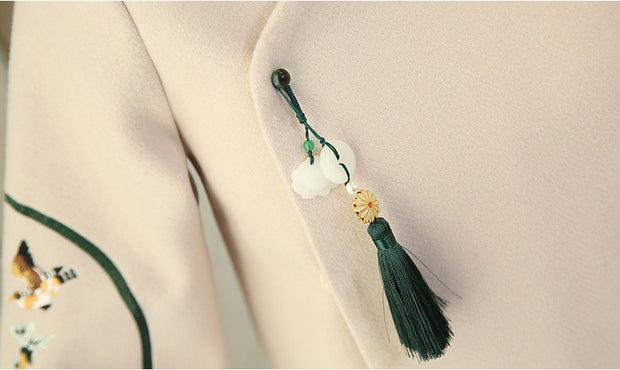 Beige Embroidered Wool Blend Women Cheongsam Tang Coat