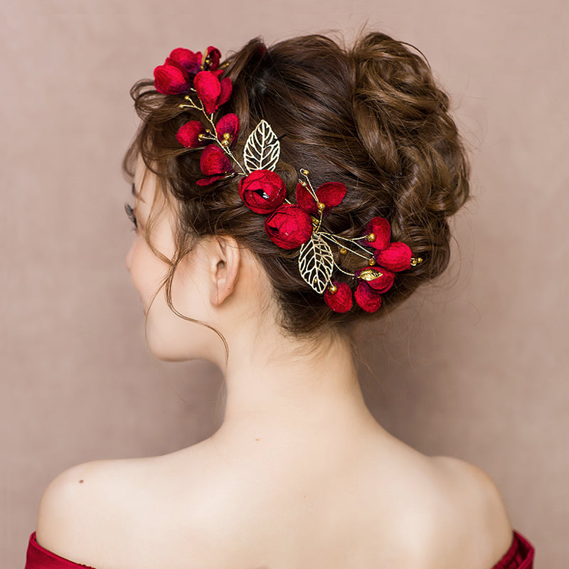 Red Blossom Gold Tone Butterfly Bridal Hair Vine