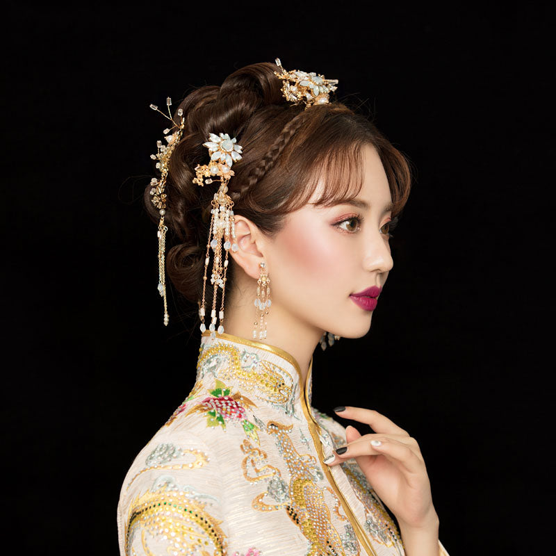 Traditional Dangling Tassel Bridal Pearl Hair Clips & Earrings