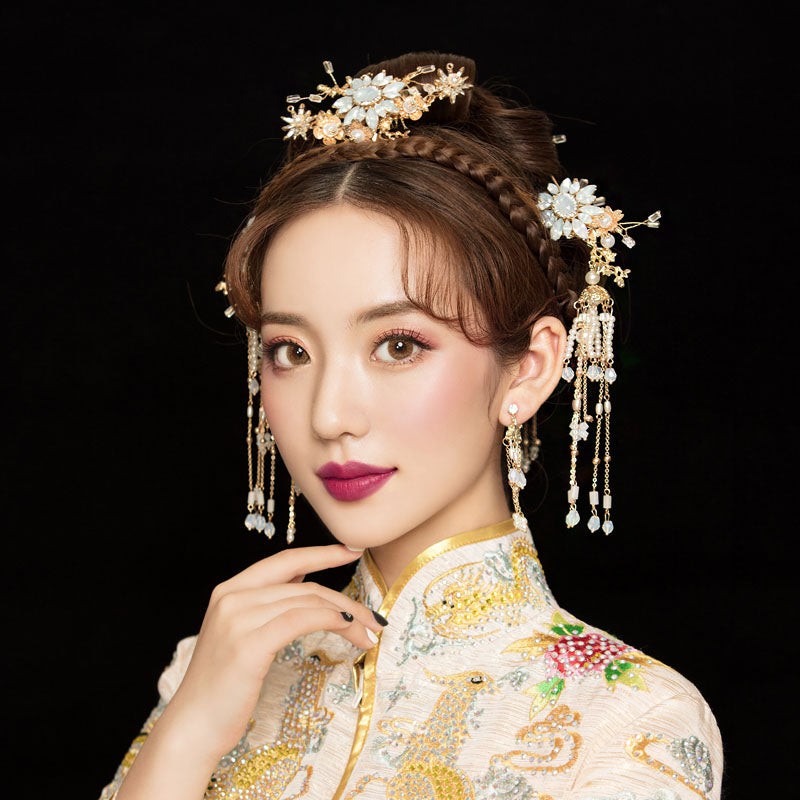 Traditional Dangling Tassel Bridal Pearl Hair Clips & Earrings