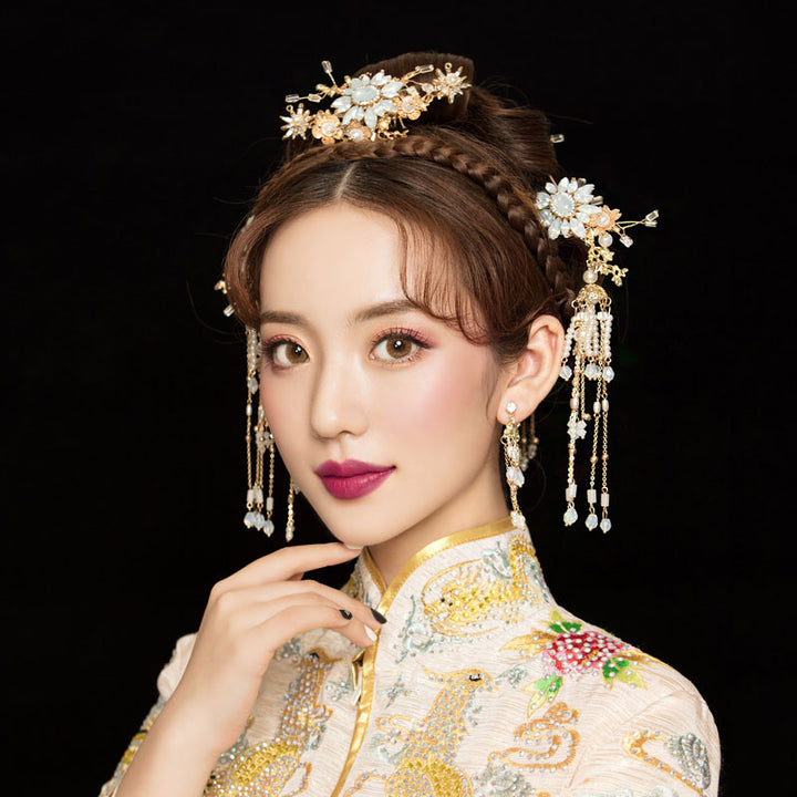 Traditional Dangling Tassel Bridal Pearl Hair Clips & Earrings
