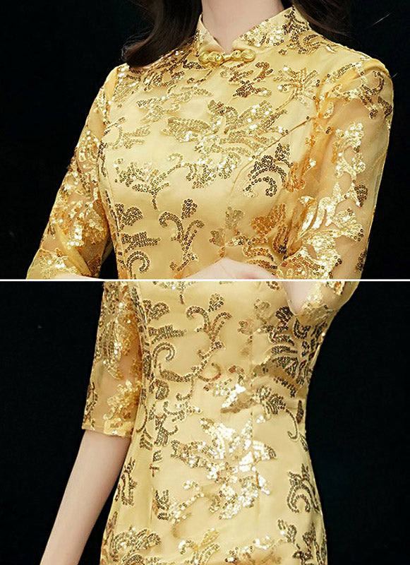 Gold Sequins Fishtail Qipao / Cheongsam Evening Dress