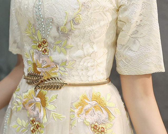 Bridesmaid Embroidered Belt Tulle Qipao / Cheongsam Evening Dress