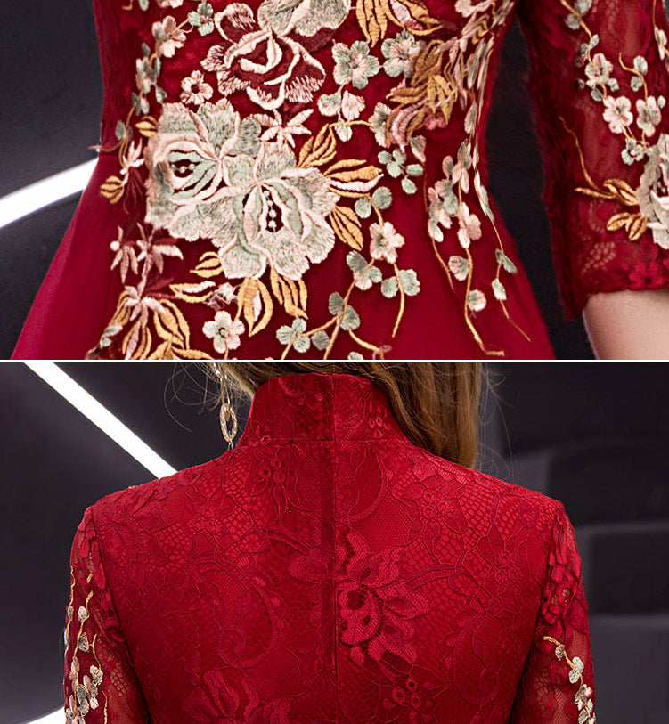 Red Embroidered Tulle Long Qipao / Cheongsam Maxi Dress