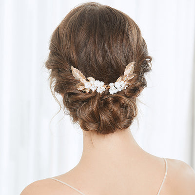 2 Pieces Pearls Ceramic Flower Bridal Wedding Hair Clip
