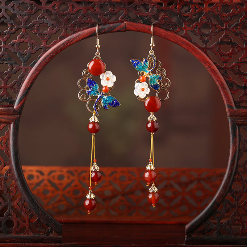Vintage Red Agate Long Drop Dangle Earrings