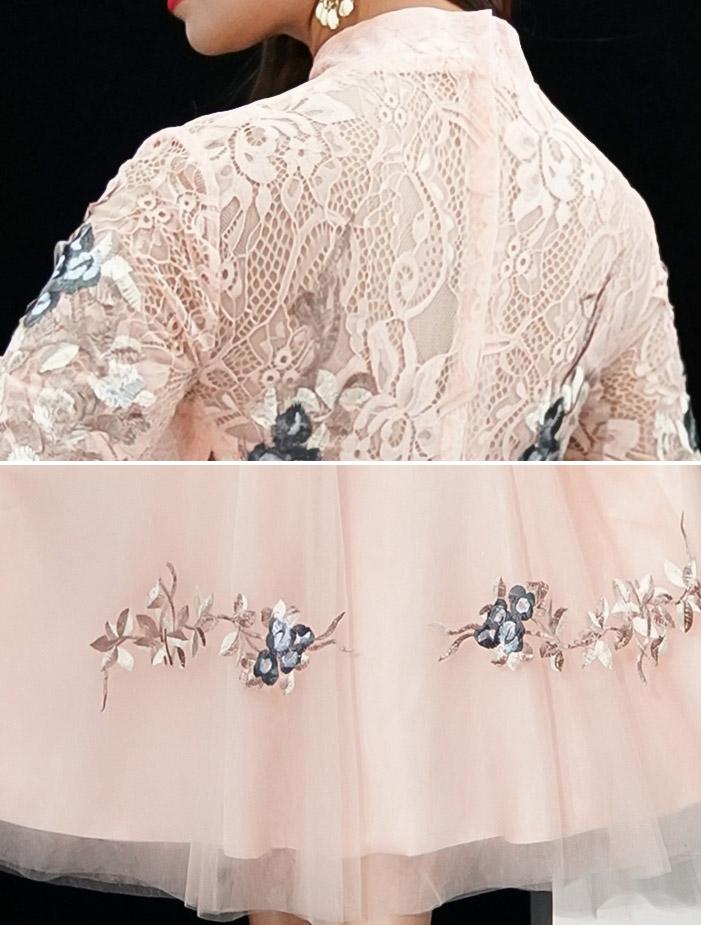 Bridesmaid Pink Floral Midi Tulle Qipao / Cheongsam Dress