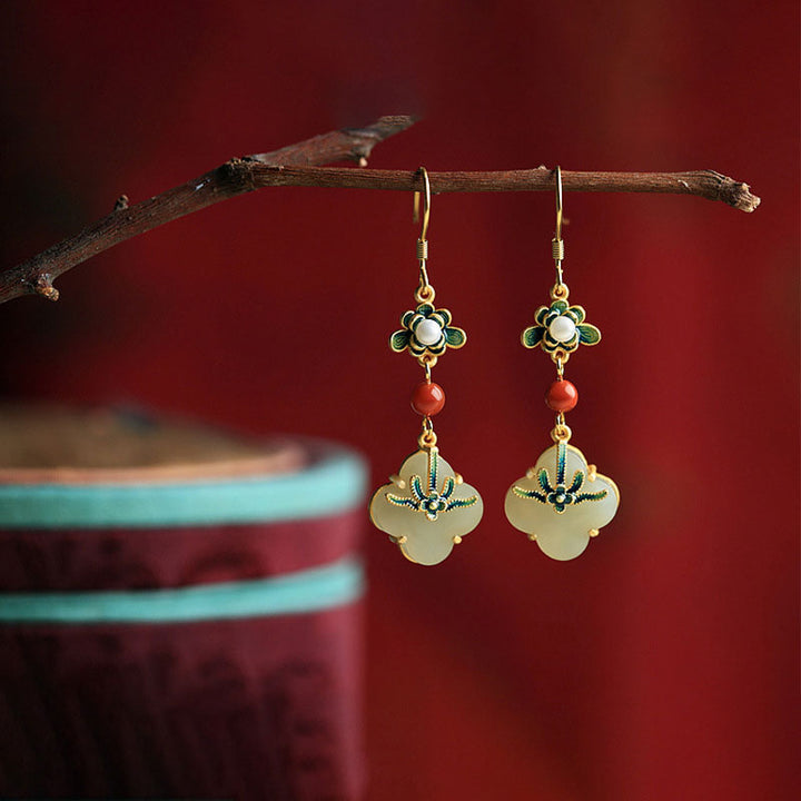 Vintage Colored Enamel Clover Jade Drop Dangle Earrings