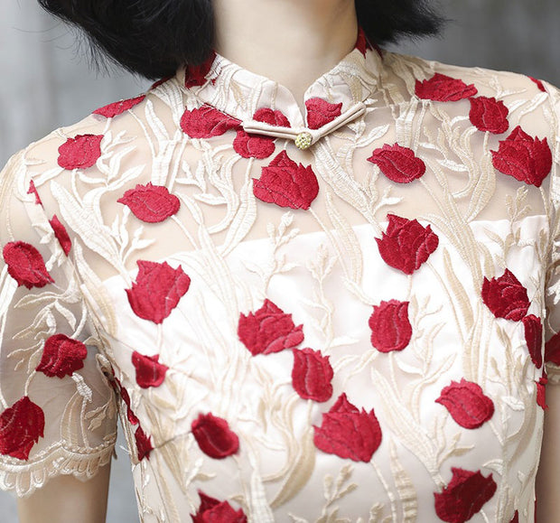 Embroidered Rose Mid Modern Cheongsam Qi Pao Dress