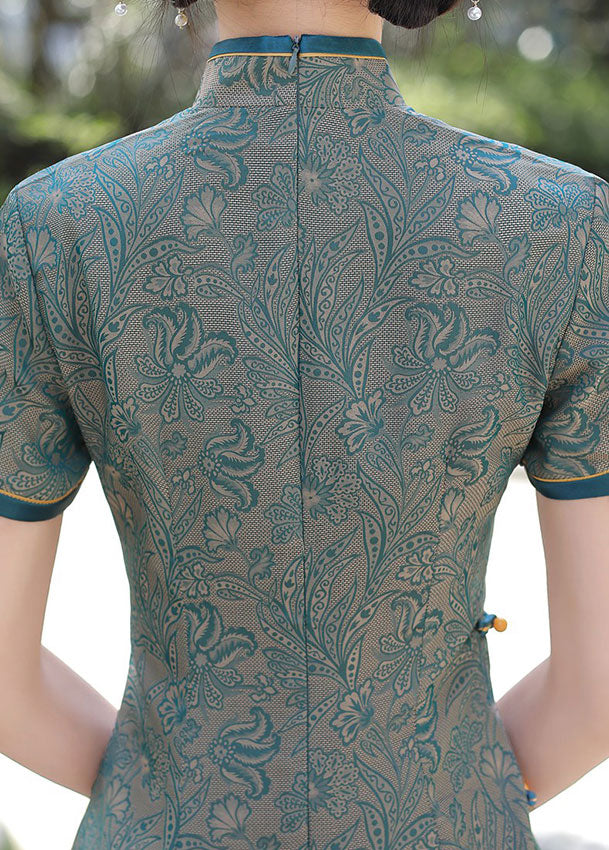 2022 Blue Jacquard Maxi Cheongsam Qi Pao Dress