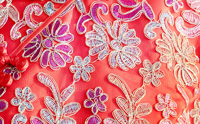 Red Woven Floral Long Qipao / Cheongsam Wedding Dress