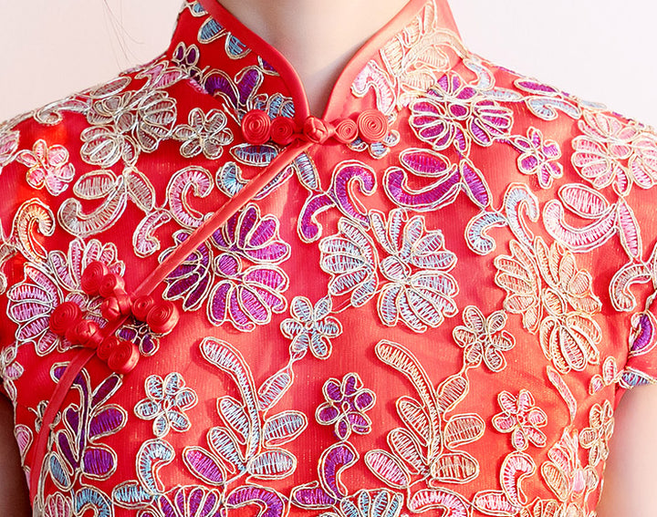 Red Woven Floral Long Qipao / Cheongsam Wedding Dress