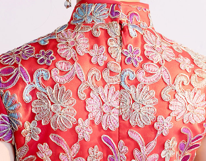 Red Woven Floral Long Qipao / Cheongsam Wedding Dress