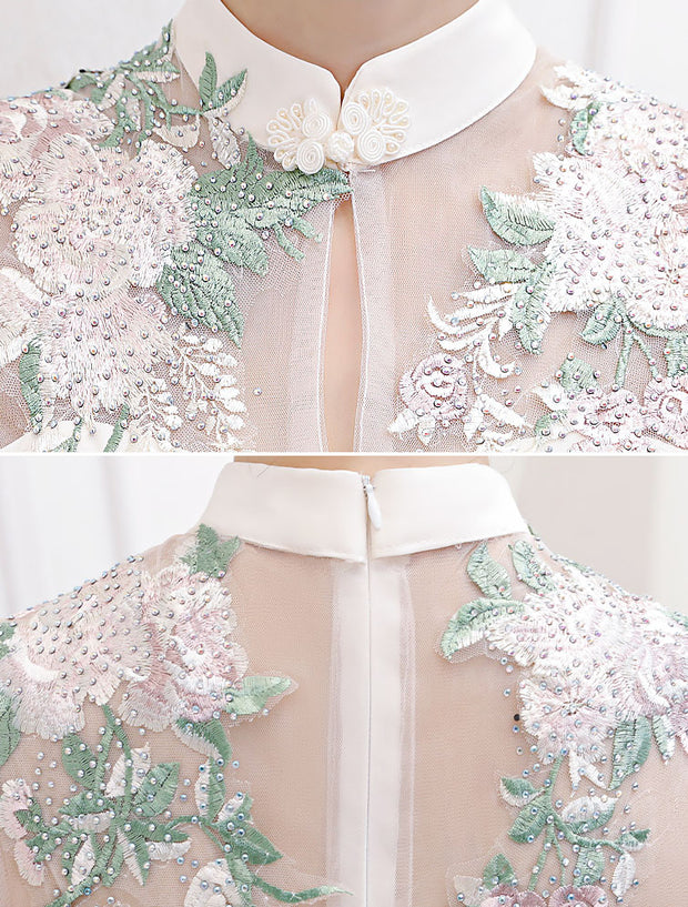 White Beads Embroidered Fishtail Qipao / Cheongsam Wedding Dress