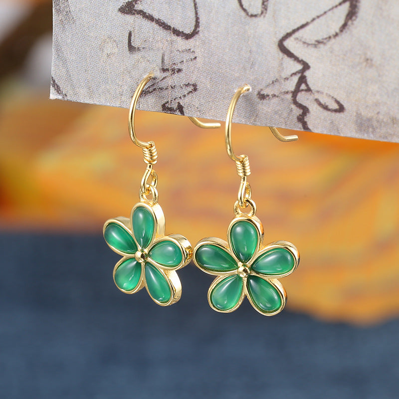 Silver Jade Petals Drop Dangle Earrings