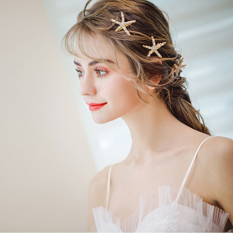 4 Pieces Pearl Crystal Starfish Hair Clips Set