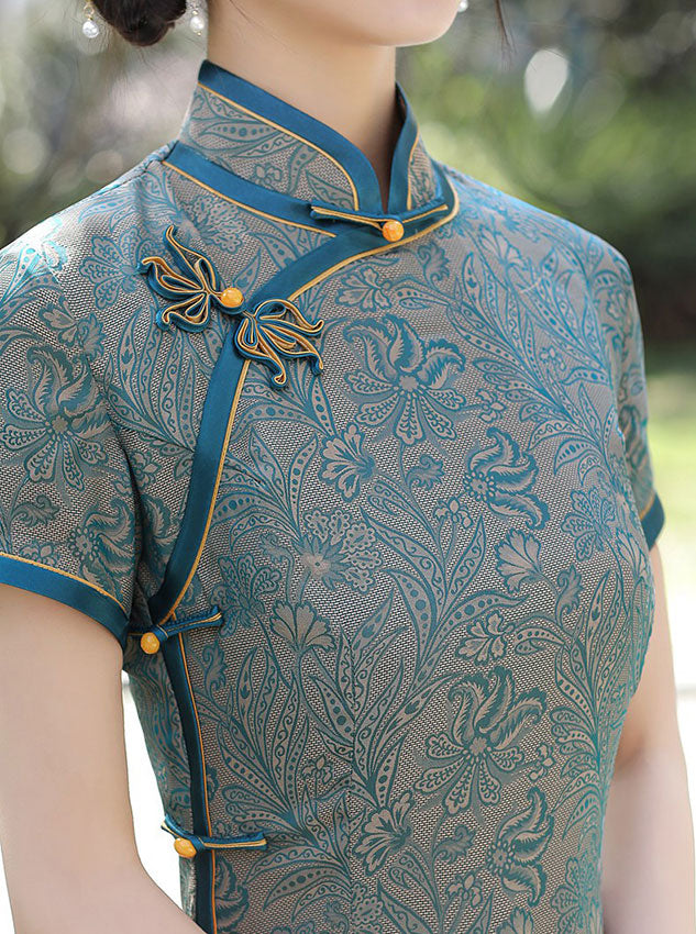 2022 Blue Jacquard Maxi Cheongsam Qi Pao Dress