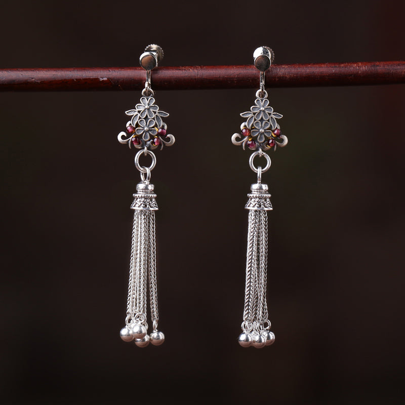 Long Drop Silver Tassel Dangle Clip On Earrings