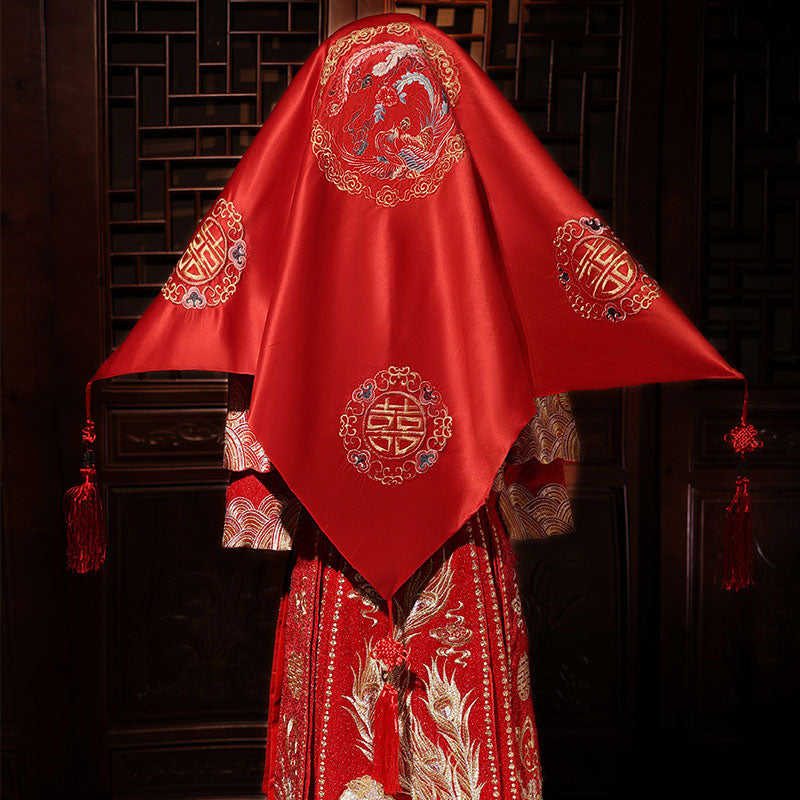 Red Embroidered Floral Phoenix Chinese Wedding Bridal Veil