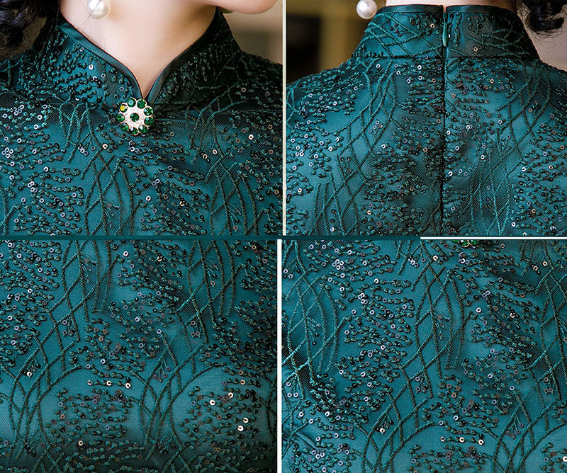 Green Mothers Sequined A-Line Cheongsam Qi Pao Dress
