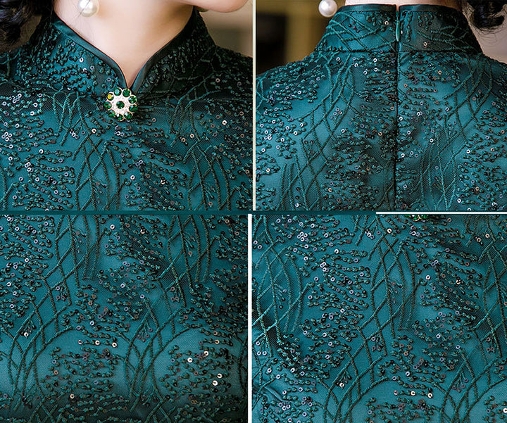 Green Mothers Sequined A-Line Cheongsam Qi Pao Dress