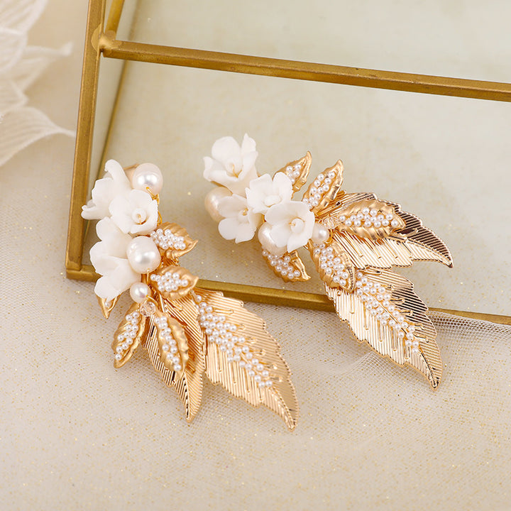 2 Pieces Pearls Ceramic Flower Bridal Wedding Hair Clip