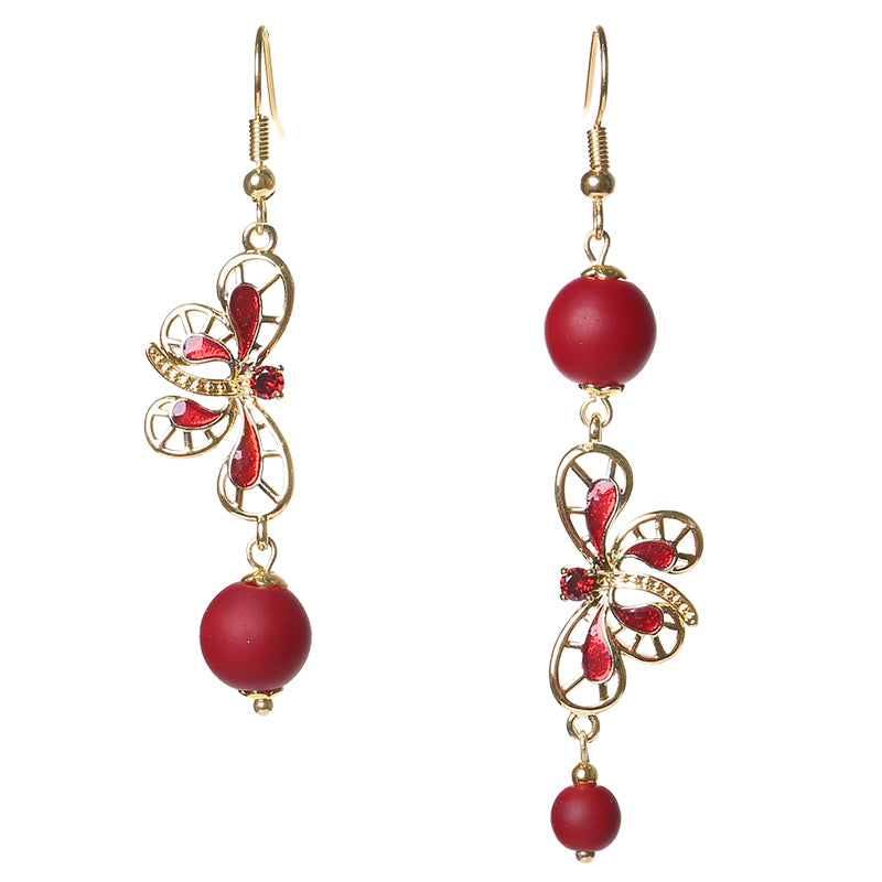 Red Glazed Stone Drop Dangle Clip On Earrings